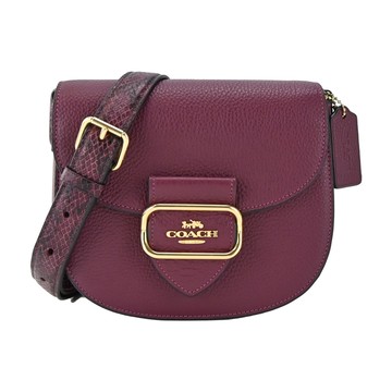 COACH Morgan 皮扣造型拼接蛇紋背帶斜背馬鞍包(酒紅)