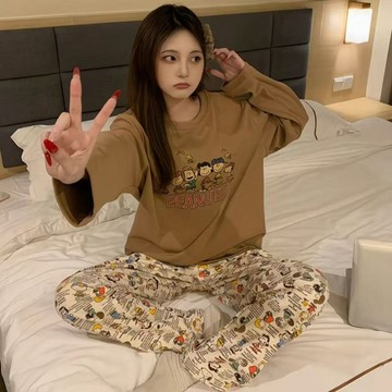 DUYI~夢詩 睡衣女秋冬季德絨加厚保暖卡通史努比寬鬆圓領家居服套裝