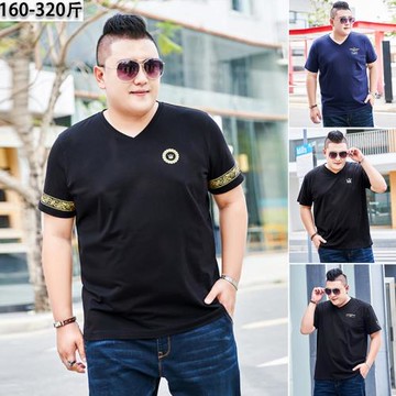 民族風大碼男裝短袖T恤純棉潮胖子加肥加大半袖V領肥佬休閑汗衫薄