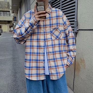 格子衫男秋冬版bf潮流松休袖衣港生氣薄款外套