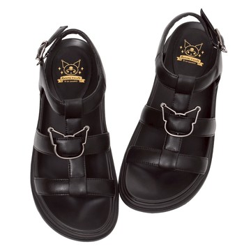 Ann’S X Sanrio三麗鷗 Kuromi酷洛米聯名 大頭金屬三條帶 真皮小香厚底涼鞋4cm-黑