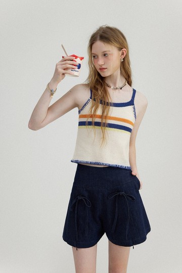 冰淇淋色 復古描線風針織短款背心