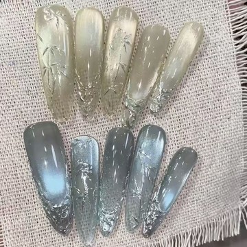 純手工穿戴甲 氣質國風高品質甲片 清新竹子貓眼爆閃顯白手工甲片 長款美甲 指甲貼片 假指甲 可拆卸甲片