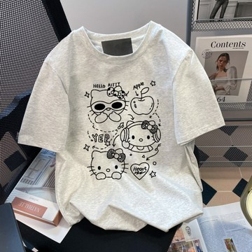 復古chic港風味純棉灰色kt貓短袖T卹女夏季設計感正肩甜酷辣妹上衣