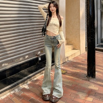 【臺灣出貨】小個子泥黃色做舊微喇牛仔褲 女復古高腰彈力馬蹄長褲 修身顯瘦拖地休閒百搭神褲 2026新款OOTD