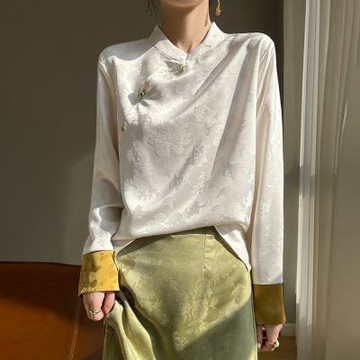 [巴黎精品] 現貨+預購 頂級法式絲質襯衫緞面上衣名媛絲綢冰絲涼感長袖T恤天絲OL女裝-立領撞3色a1iz59