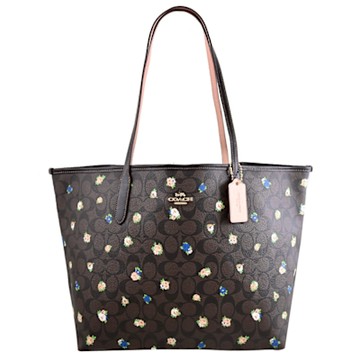 COACH 金屬LOGO C字玫瑰印花肩背大購物包/托特包(深咖)