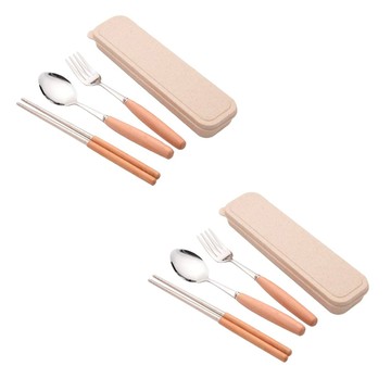 小麥購物 餐具組 Y292  2組  米白色  筷子 + 湯匙 + 叉子 + 外盒