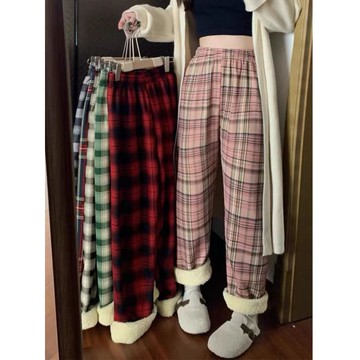 格子加絨闊腿褲女冬季新學生高腰寬鬆直筒加厚羊羔絨保暖休閒褲 M118