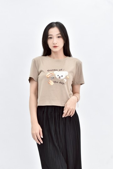 加購優惠(M) net ladies 棕色棉質純棉印花短版短袖上衣