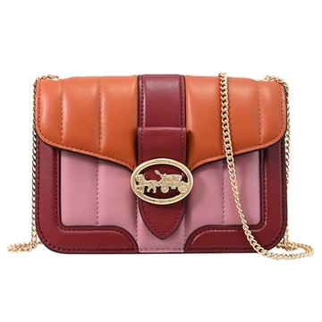 COACH Georgie 馬車LOGO質感皮革撞色拼接WOC斜背鍊包(粉/橘)