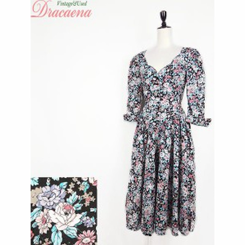 レディース 古着 ワンピース Usa製 クラシカル 花柄 総柄 黒 コットン スカラップ パフスリーブ ハーフスリーブ ロング ドレス S 古着 通販 Lineポイント最大1 0 Get Lineショッピング