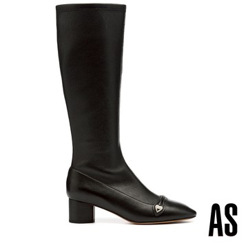 AS 復古狂歡珍珠愛心釦彈力羊皮高跟長靴－黑