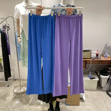 NICE夏抽繩松緊腰純色銅氨絲韓版寬松顯瘦闊腿褲瑜伽褲垂感拖地褲