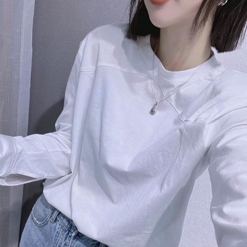 長袖t恤女寬松棉新款秋裝2025上衣白色襯衫袖設計感打底衫女內搭