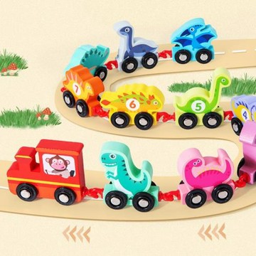 跨境兒童木制恐龍數字動物小火車拼裝組親子早教益智積木玩具批發