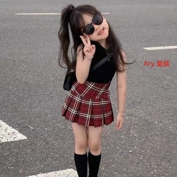ARY 女童百褶裙 半身裙 夏季2024新款兒童风格子裙 寶寶高腰百褶短裙子 女童裙子