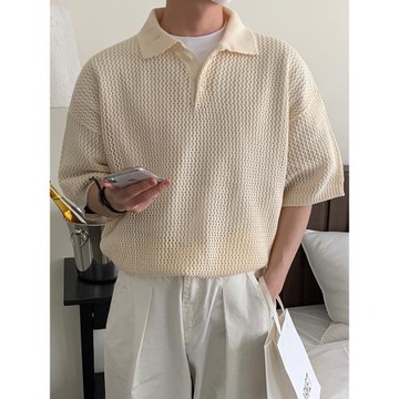 MRCYC老錢風針織Polo衫短T男士夏季寬松翻領短袖韓系潮流鏤空半袖