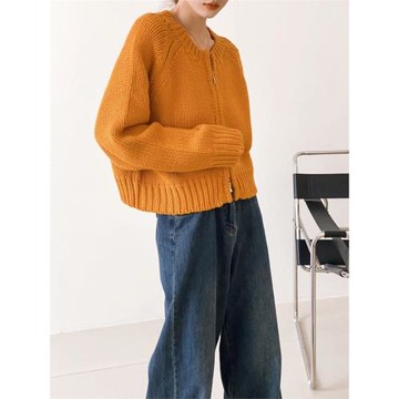 松弛感穿搭南瓜橘色短款羊絨針織衫女秋冬寬松拉鏈開衫毛衣外套女