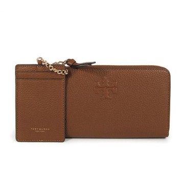 TORY BURCH THEA 浮雕雙T LOGO鵝卵石紋皮革ㄇ型拉鍊1+1長夾(駝鹿棕)