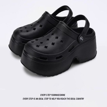 【免運】女款夏季 9CM跟洞洞鞋 外穿厚底拖鞋 透氣兩穿松糕拖鞋 沙灘拖鞋