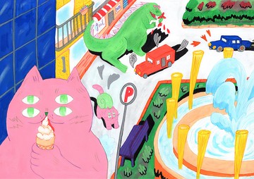 原創手繪四眼粉貓吃冰淇淋藝術微噴裝飾畫