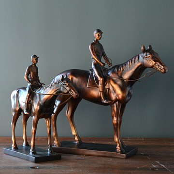 樹脂仿古銅騎馬術運動騎士人物擺件 美式復古俱樂部櫥窗裝飾禮品