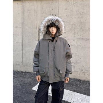 URKR高級感毛領派克服女2024新款冬季加厚連帽外套情侶棉服男美式