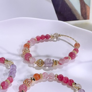 櫻花落雨 摩根石| 薔薇輝石|紫兔毛|金髮晶|太陽石|水晶手鍊A02