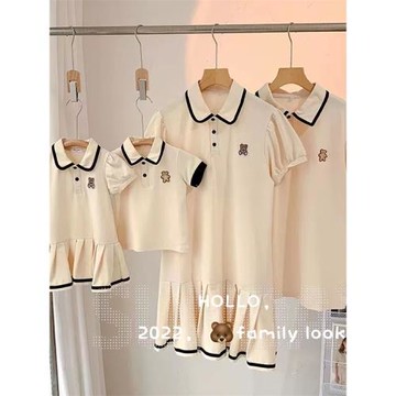 高端親子裝短袖2025卡通polo連衣裙母女夏裝一家三口四口全家裝