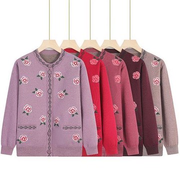 【米蘭精品】現貨+預購 高級針織衫上衣秋冬毛衣開衫寬鬆大碼休閒女裝媽媽裝-玫瑰開衫刷絨女外套5色74mo44