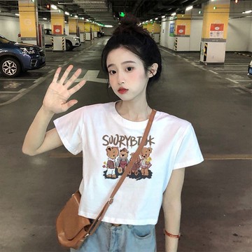 胖胖美依 短袖上衣 T恤 上衣 S-2XL正肩白色t恤夏季短款卡通印花短袖顯瘦上衣-7792.