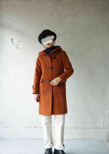 尋寶古著-南瓜橘毛料牛角釦長版連帽大衣