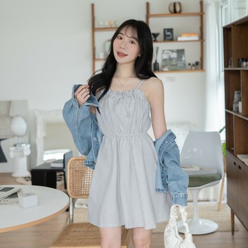 簡約條紋腰鬆緊口袋細肩短洋裝(肩可調) SY500812 【現貨】