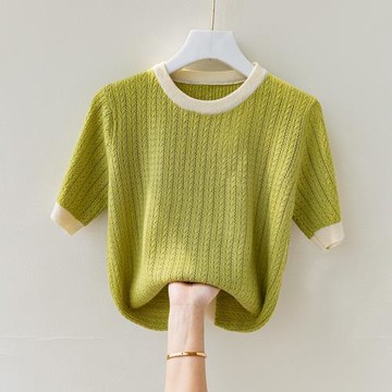 寬松顯瘦【80-200斤】洋氣鏤空冰絲針織短袖女夏新款拼色圓領T恤