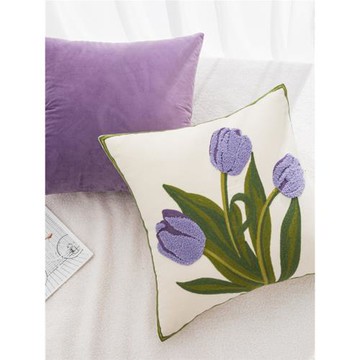 北歐風田園臥室靠枕郁金香黃色紫色靠墊全棉刺繡靠墊沙發布藝軟裝