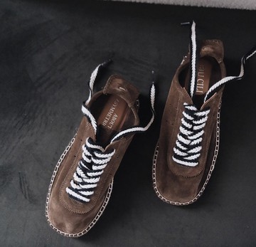 鬆弛度假 老錢風休閒漁夫草編鞋 手工製 白/咖