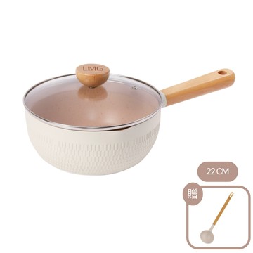 雪藏系列-日式錘紋不沾雪平鍋-象牙白22cm 贈方柄矽膠湯勺 22cm+贈方柄矽膠湯勺