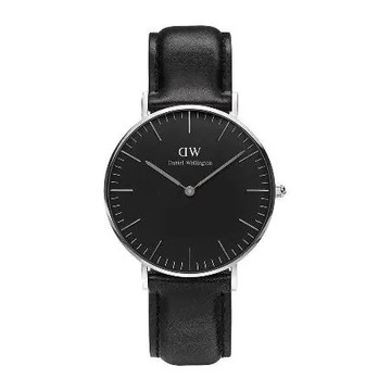DW Daniel Wellington 經典黑色皮革腕錶-銀框/36mm(DW00100145)
