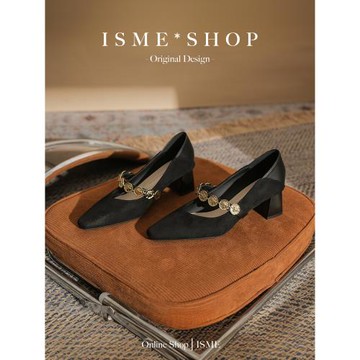 新款單鞋瑪麗珍女式百搭舒適女小眾設計粗跟氣質兩穿絨面方頭通勤