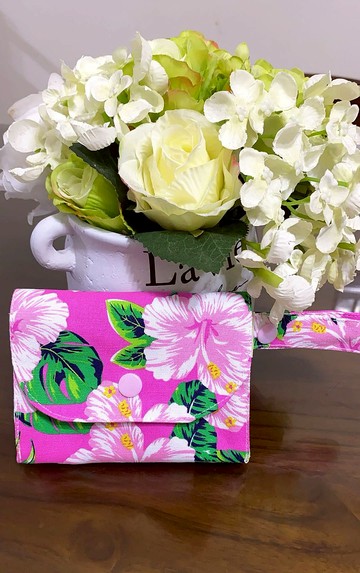 歐風田園桃紅花花圖案多層小收納袋小卡片包多功能小包零錢包