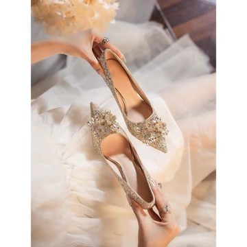水鉆亮片新娘鞋高跟鞋細跟婚鞋女2023新款禾秀婚紗兩穿單鞋香檳色