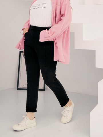 簡約車褶口袋彈性腰鬆緊窄管褲