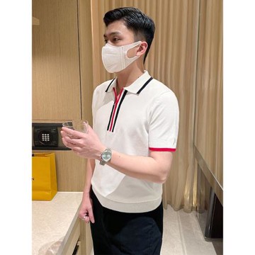 時尚新款洋氣拼色拉鏈翻領上衣 休閑男士短袖t恤修身針織polo衫男