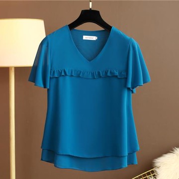 2021夏季木耳雪紡短袖t恤上衣女裝V領加肥加大碼寬松遮肚子打底衫