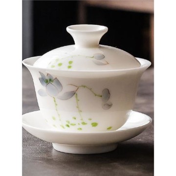 羊脂玉釉下彩手繪沏茶蓋碗單個陶瓷功夫茶具荷韻山水巖茶三才茶碗