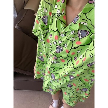 睡衣套裝 大尺碼睡衣女 卡通綠色 靈能百分百 小酒窩新款睡衣女 夏季短袖 短褲 家居服套裝 外穿上衣 長袖睡衣 兩件式