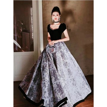 黑色泡泡袖 鋼琴演出藝考主持人宴會生日年會車展走秀晚禮服19806