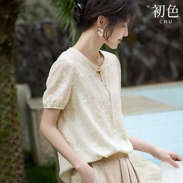 初色 新中式立體繡花刺繡V領開襟綁帶短袖寬鬆襯衫上衣女上衣-杏色-13905(M-2XL可選)