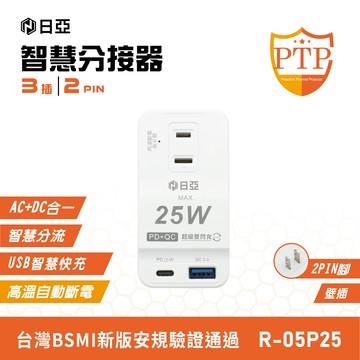 【日亞】R-05P25智慧防雷2孔3插PD 25W Type-C+QC3.0快充分接器(新安規 PTP高溫斷電指示燈)